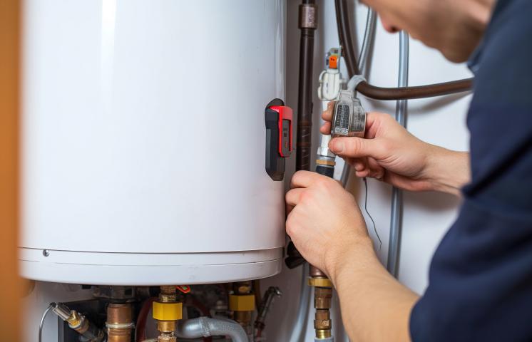 A plumber in Wayne NJ uses a wrench to tighten a pipe joint connected to a white water heater, performing maintenance or installation. Various pipes and valves are visible around the unit.