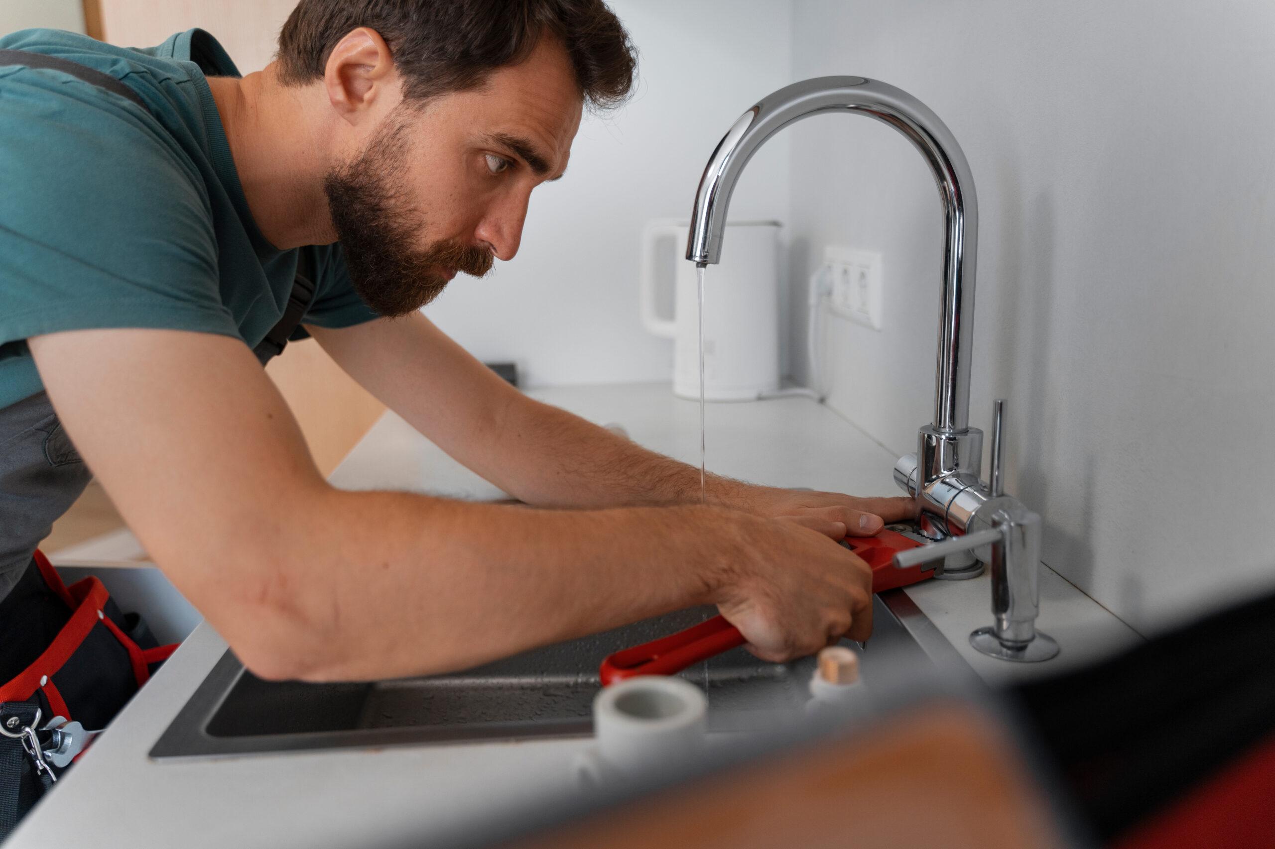 A man with a beard uses a red pipe wrench to repair a kitchen sink faucet. Water is running from the faucet, and plumbing tools are visible on the countertop.