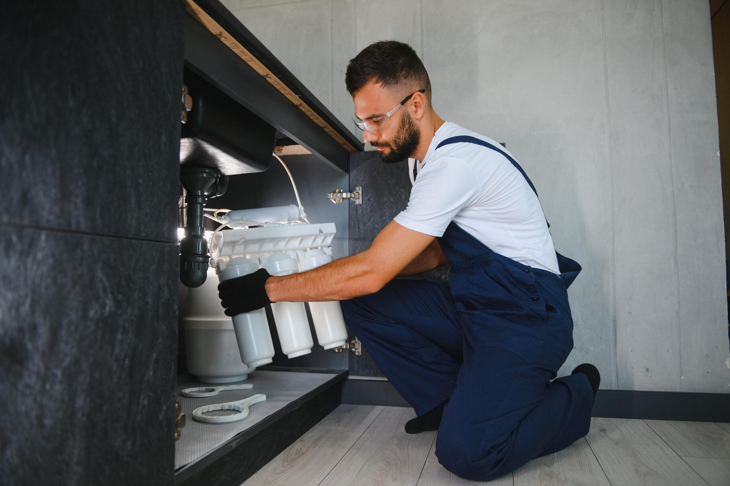 A man in blue overalls and gloves is kneeling on the floor, installing or inspecting a water filtration system under a kitchen sink.