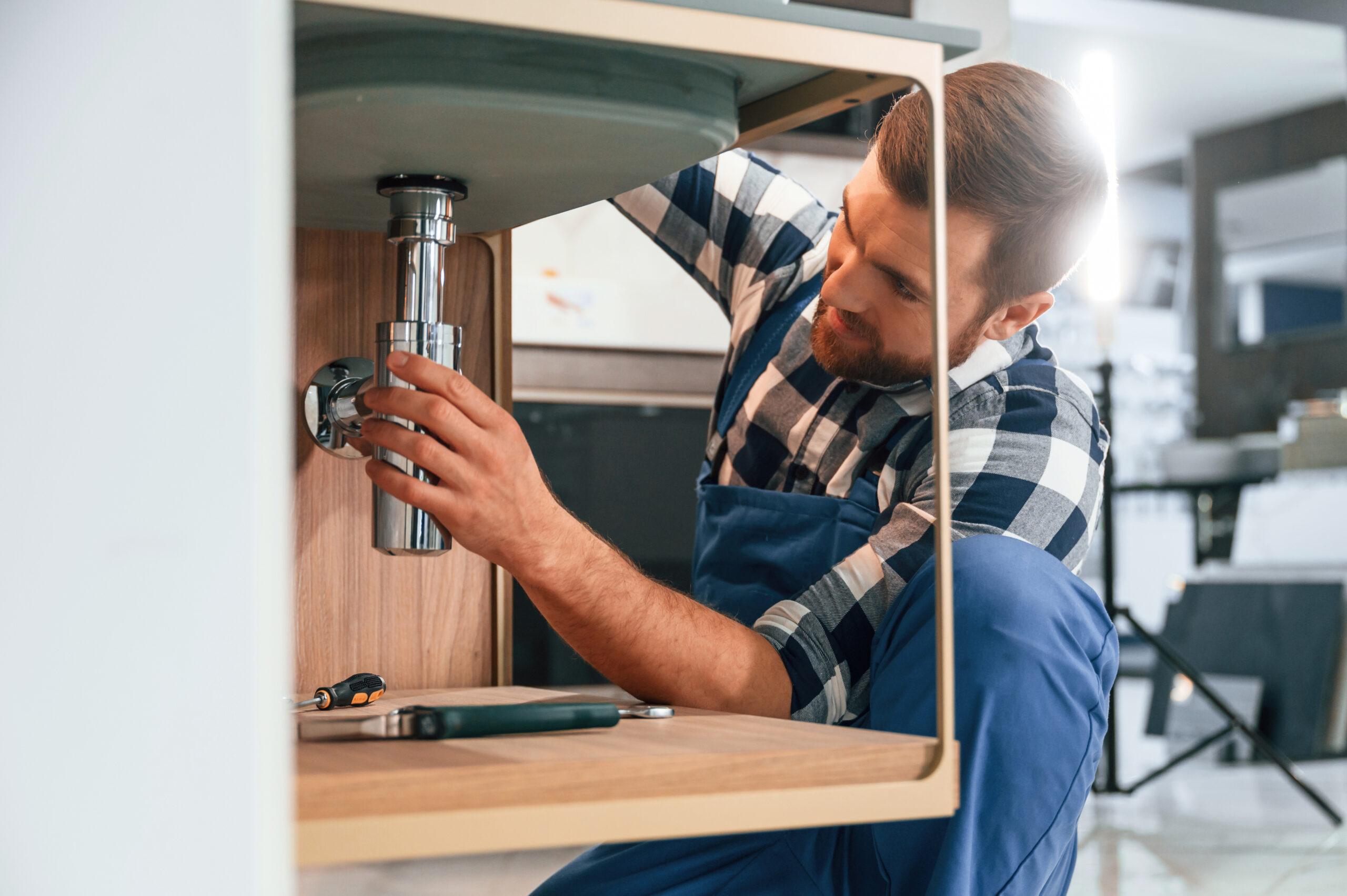 A plumber wearing a checkered shirt and blue overalls is crouched under a sink, inspecting and working on the pipes with tools placed nearby on the shelf.