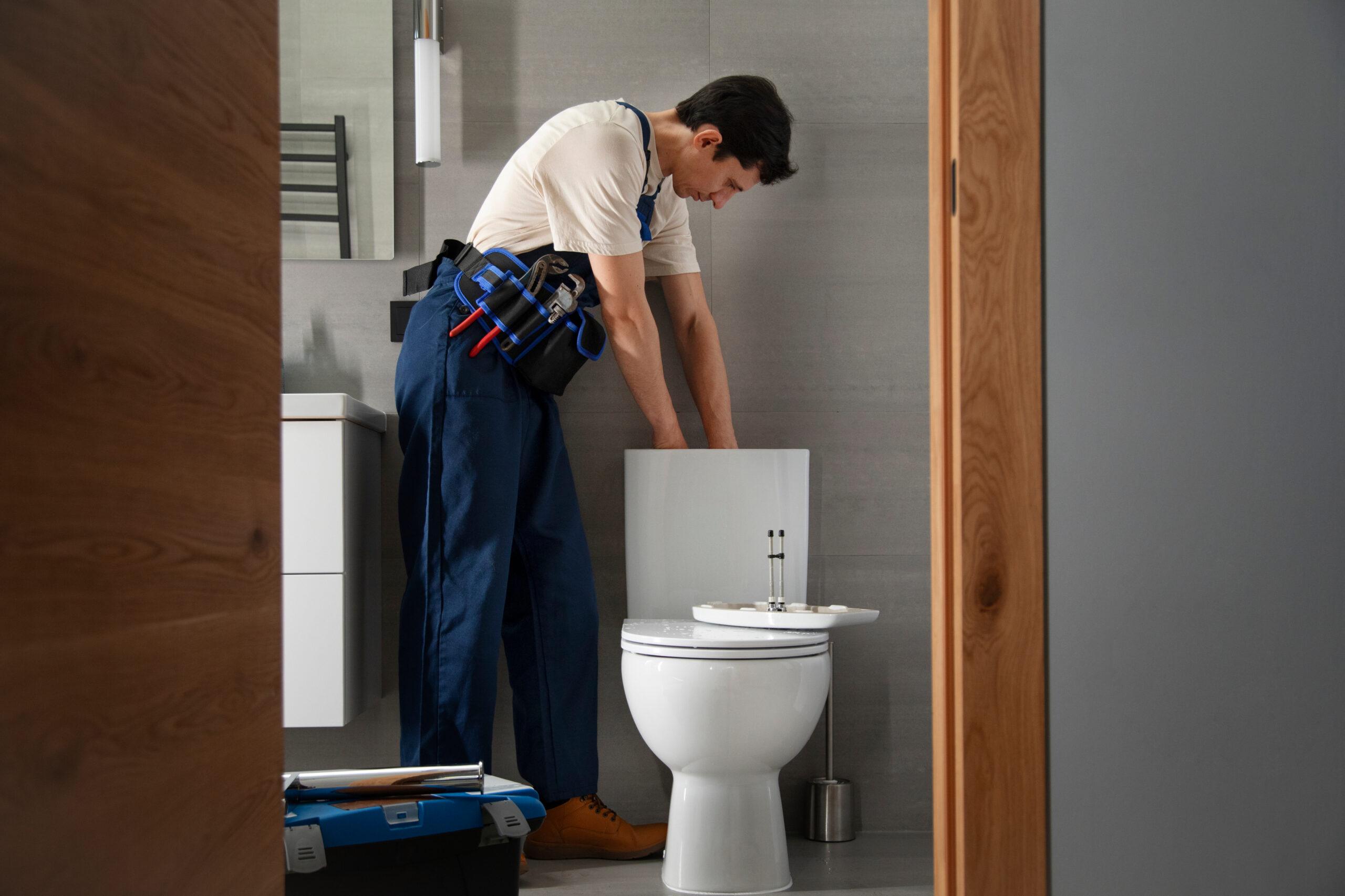 A plumber wearing blue overalls repairs a toilet tank in a modern bathroom, with tools in a belt around his waist and an open toolbox on the floor nearby.