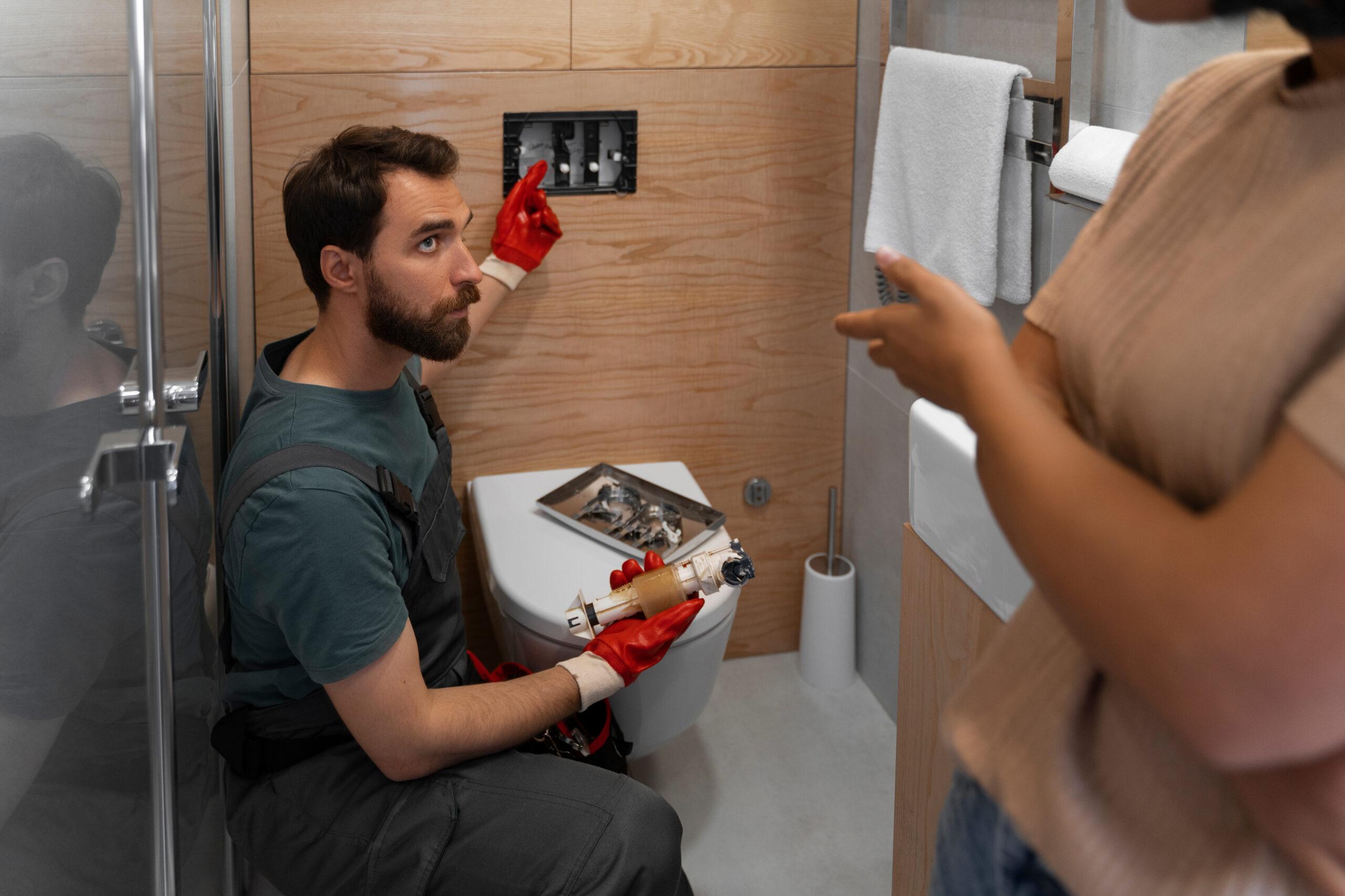 A plumber wearing gloves kneels by a toilet, holding a plumbing part and looking up at a person standing nearby, who is pointing. Open tools and exposed plumbing are visible in a modern bathroom.