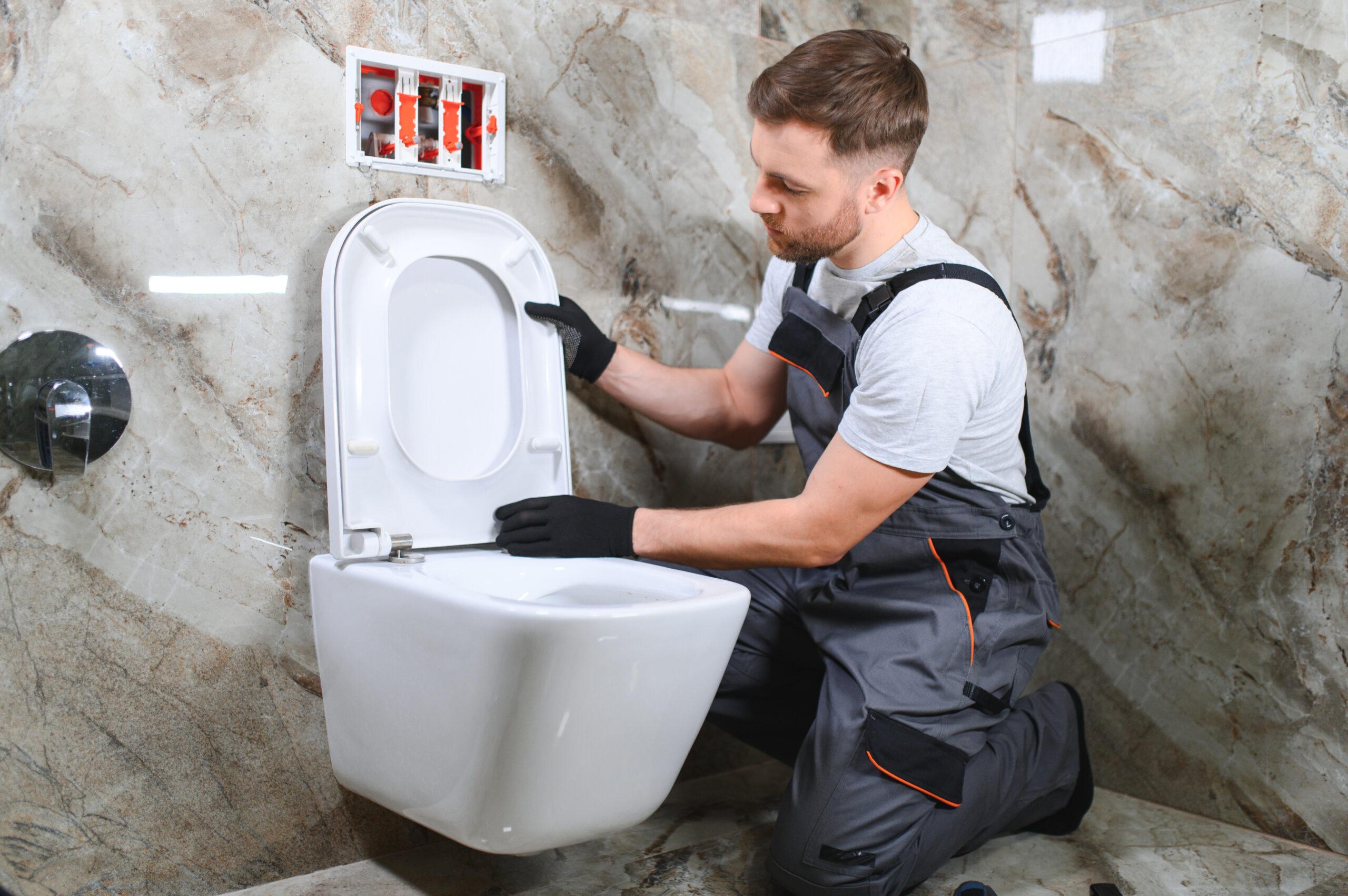 A man in coveralls working on a toilet.