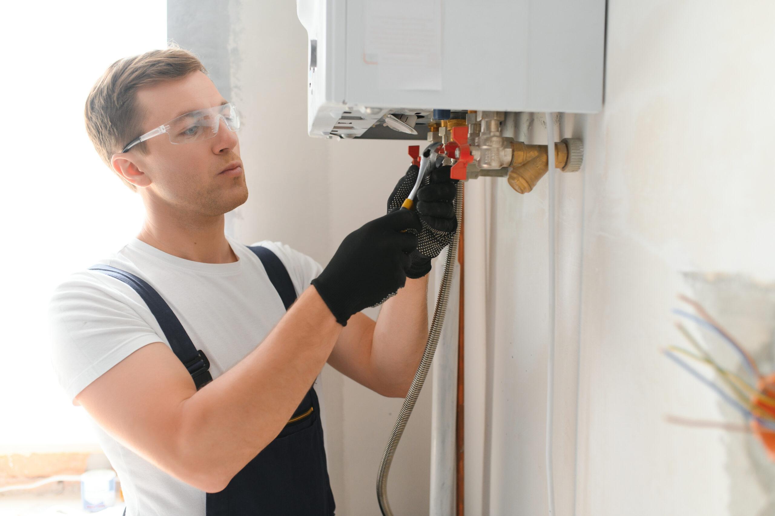 A person wearing safety glasses, gloves, and overalls installs or repairs a wall-mounted gas heater or boiler, using tools to adjust connections on the appliance.