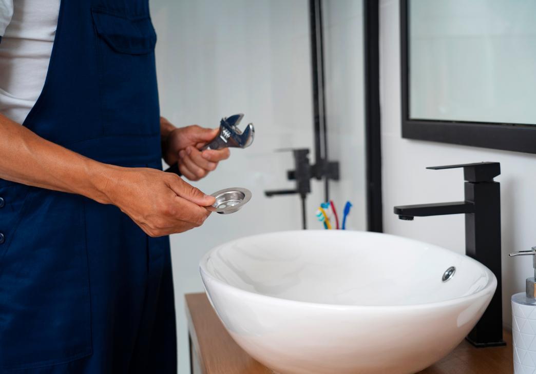 A plumber in blue overalls holds a wrench and a metal drain part next to a white bathroom sink with a black faucet and colorful toothbrushes in a holder.