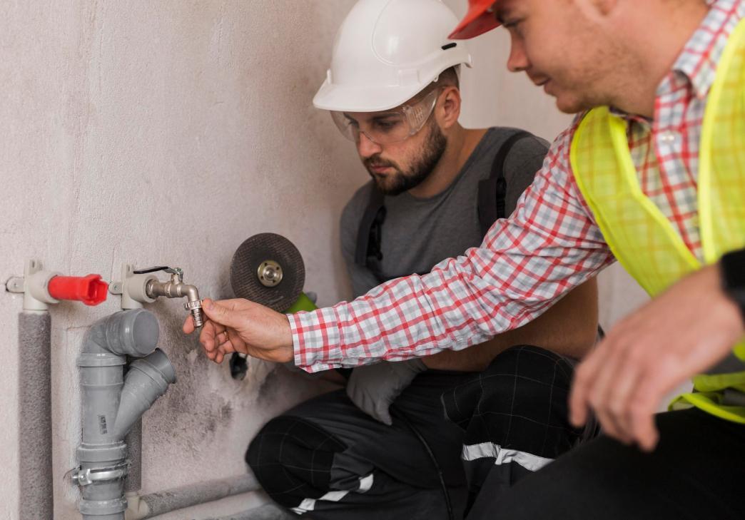 Two workers wearing safety gear and helmets inspect and adjust a valve on a plumbing system. One is turning the valve while the other observes closely, both focused on the task.