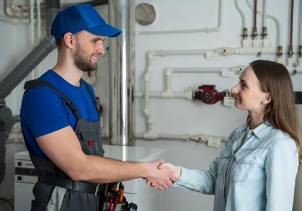 A male plumber in a blue shirt and cap shakes hands with a smiling woman in a light denim shirt, standing in a utility room with visible pipes and equipment in the background.
