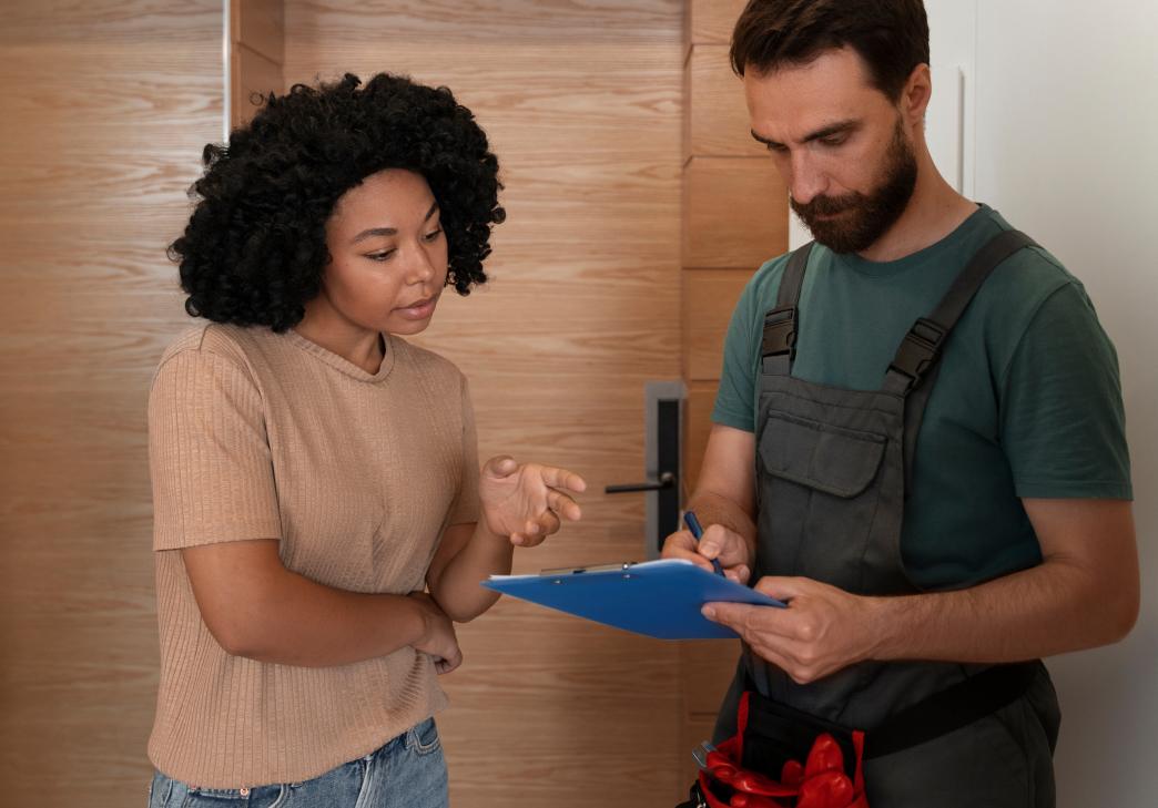 A woman in casual clothes talks to a repairman in overalls holding a blue clipboard, as he writes on it. They stand indoors near a wooden door, discussing paperwork or service details.
