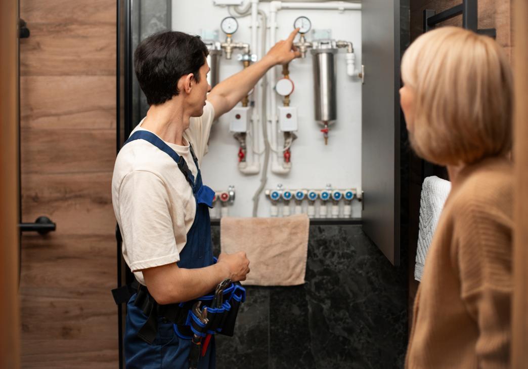A plumber in overalls points at water pipes and gauges in a utility area while a woman stands nearby, observing him.