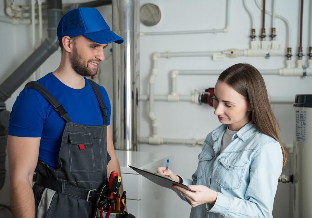A woman with long hair writes on a clipboard while speaking to a smiling male technician in blue work clothes and a cap, standing in a room with pipes and industrial equipment.
