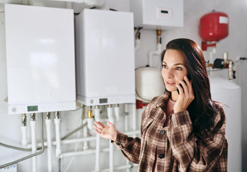 A woman wearing a plaid jacket talks on her phone while standing next to two wall-mounted boilers and various pipes in a utility room. She gestures with her hand, possibly explaining something about the equipment.