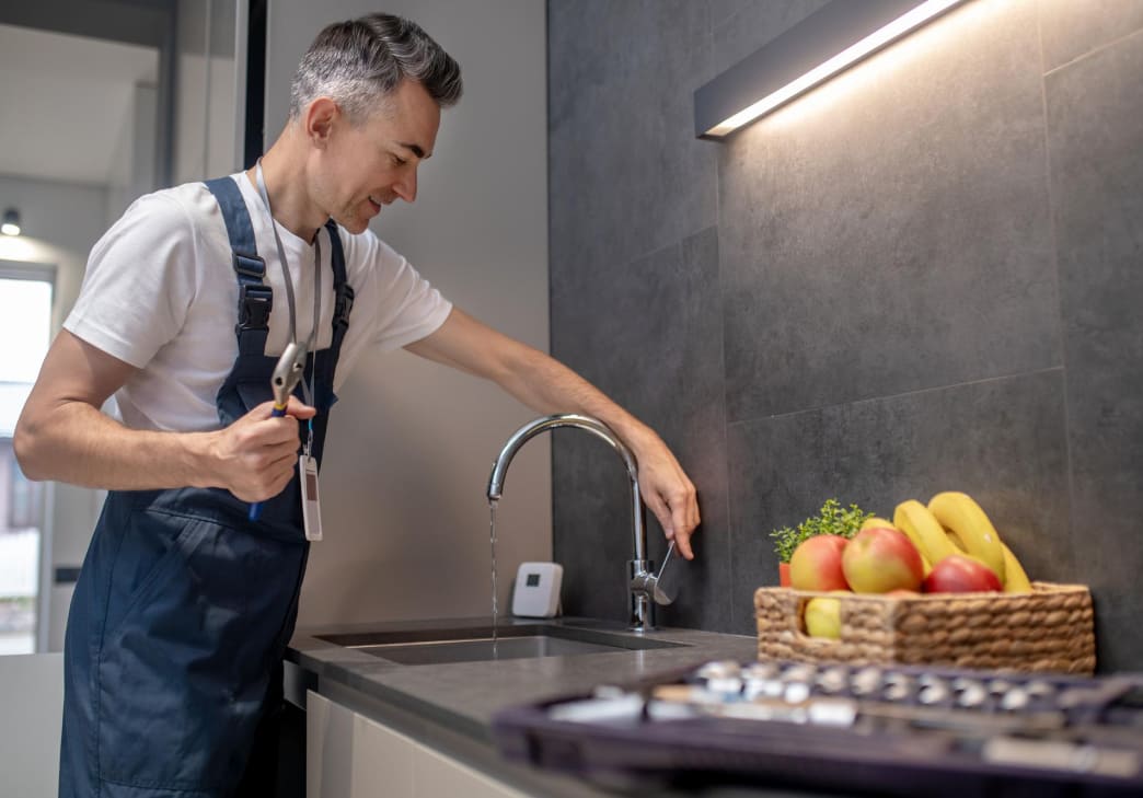 A plumber in overalls holding pliers checks the water flow from a kitchen sink faucet. A basket of fruit sits on the counter next to him, and a set of tools is spread out in the foreground.