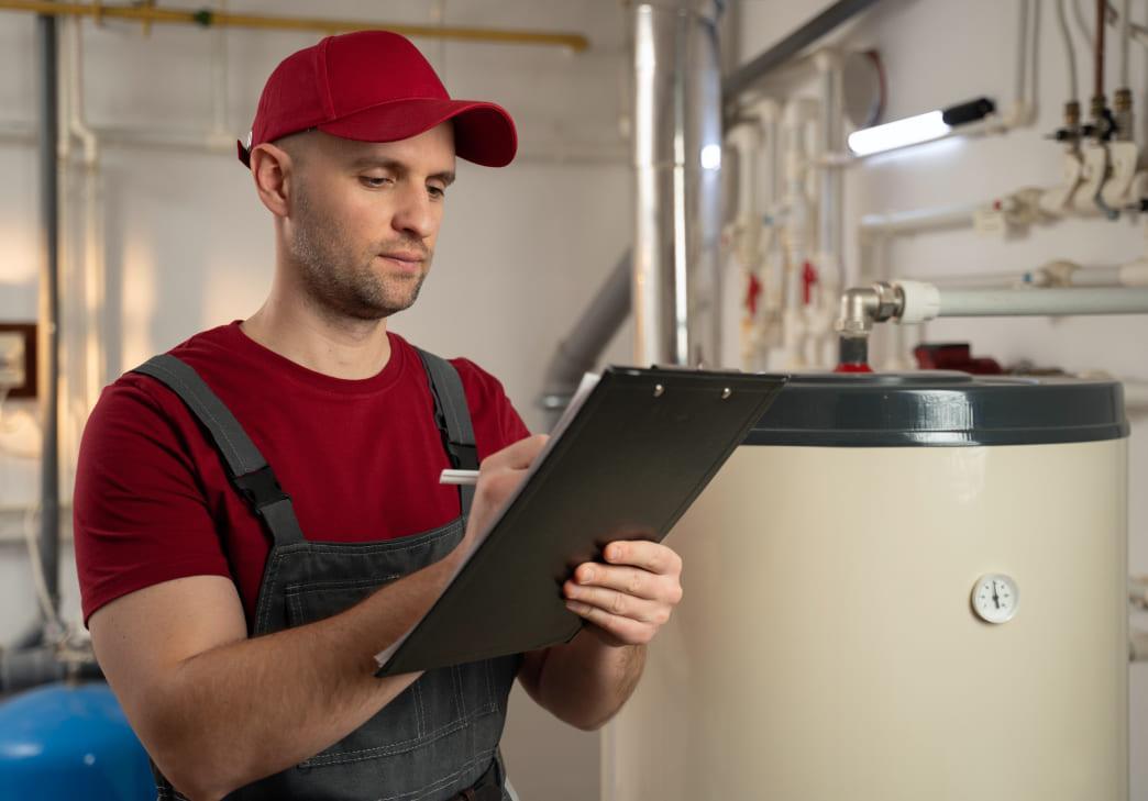 A technician in a red cap and overalls writes on a clipboard while inspecting equipment and pipes in a utility room, standing next to a large water heater or boiler.