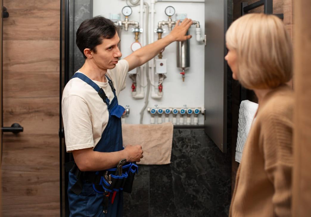 A plumber in blue overalls explains a water filtration system to a woman in a beige sweater inside a modern utility room. The plumber gestures toward pipes and gauges on the wall.