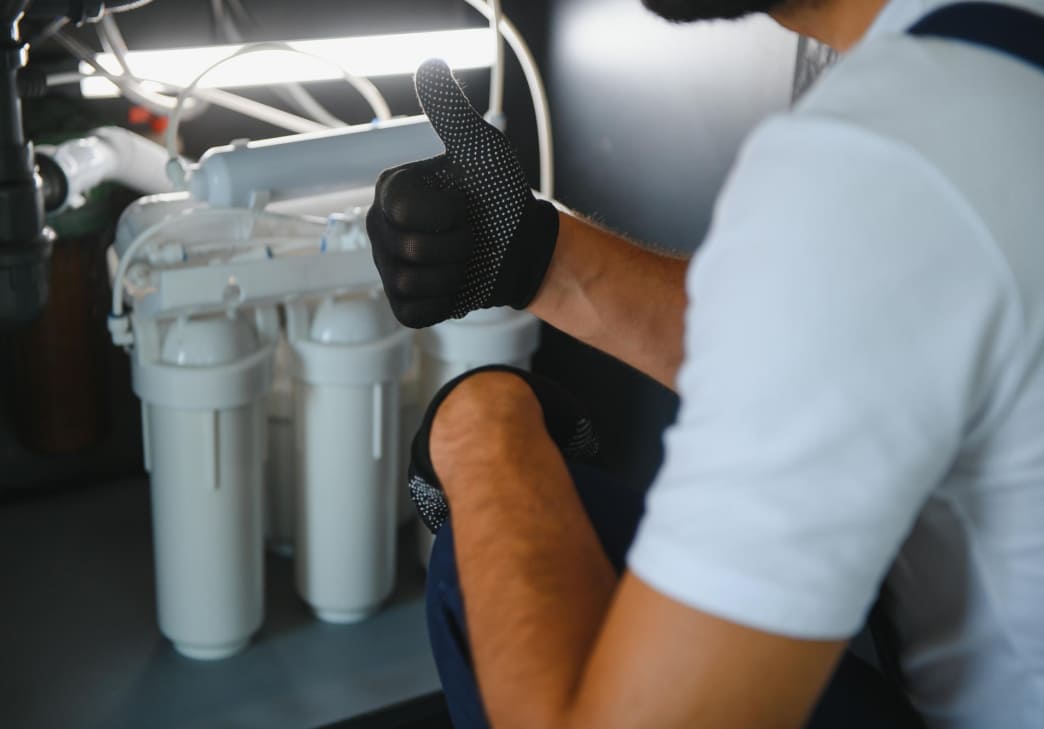 A person wearing black gloves gives a thumbs-up sign next to a water filtration system installed under a sink.