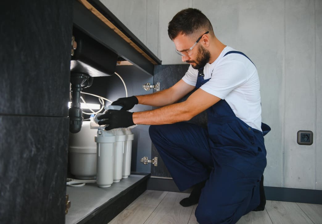 A plumber wearing blue coveralls, gloves, and safety glasses installs or repairs a water filtration system under a kitchen sink.