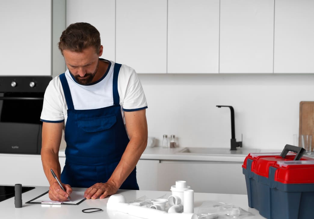 A man in blue overalls writes on a clipboard in a modern white kitchen. A red and gray toolbox and plumbing supplies are on the counter in front of him.